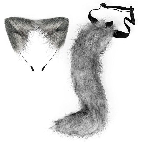 🆕 Halloween Grey Faux Fur Cat Fox Ears Headband Wolf Tail Party Costume Adult - Picture 1 of 3